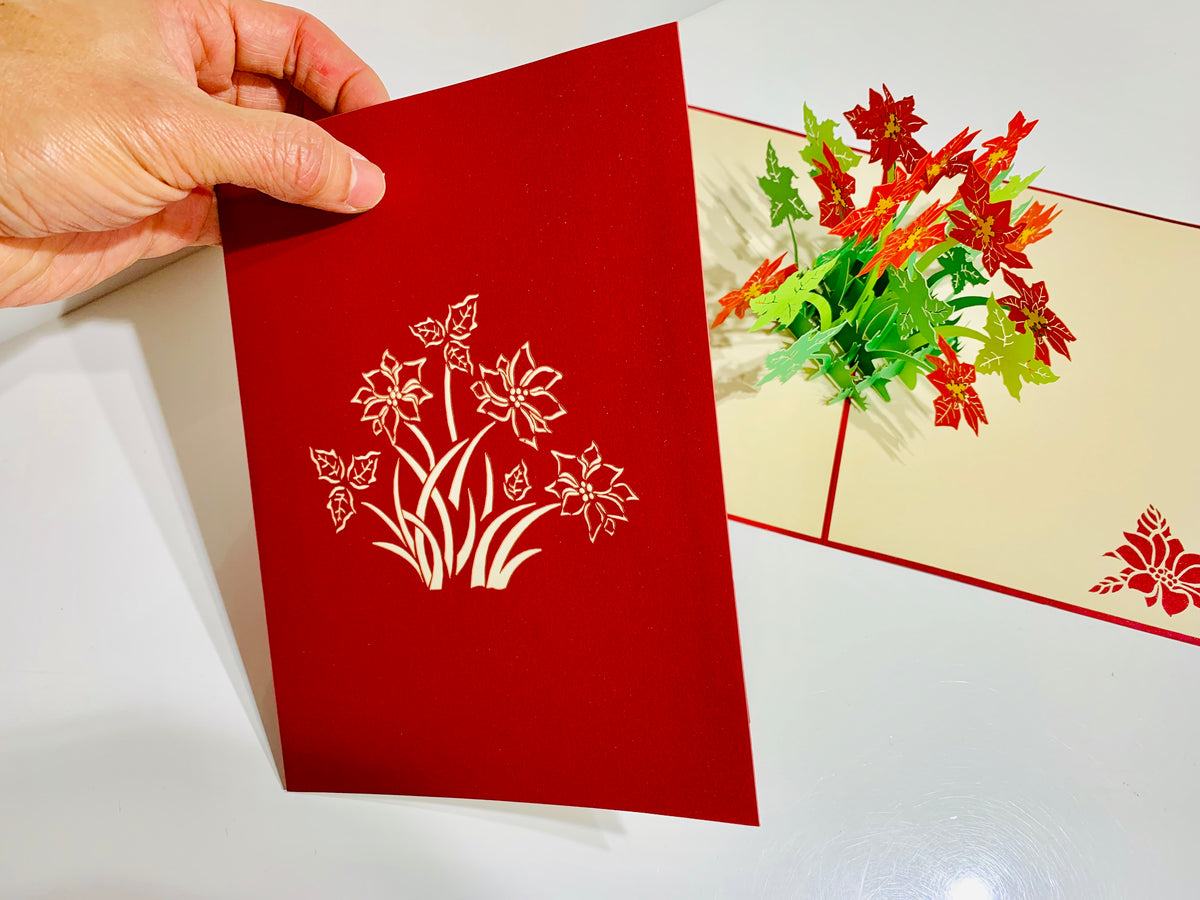 Red Flowering Poinsettia Bush Origami Pop Cards 3D Pop Up Greeting Card Merry Christmas Thank You Handmade Best Wishes Blank Card Gift Happy Holidays Celebrate the Special Day Moment with Family and Friends