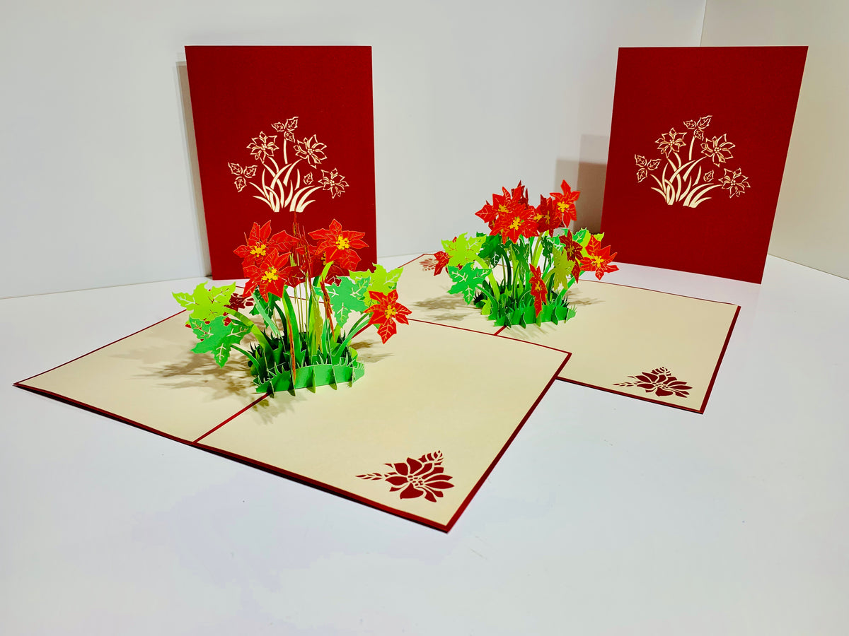 Red Flowering Poinsettia Bush Origami Pop Cards 3D Pop Up Greeting Card Merry Christmas Thank You Handmade Best Wishes Blank Card Gift Happy Holidays Celebrate the Special Day Moment with Family and Friends