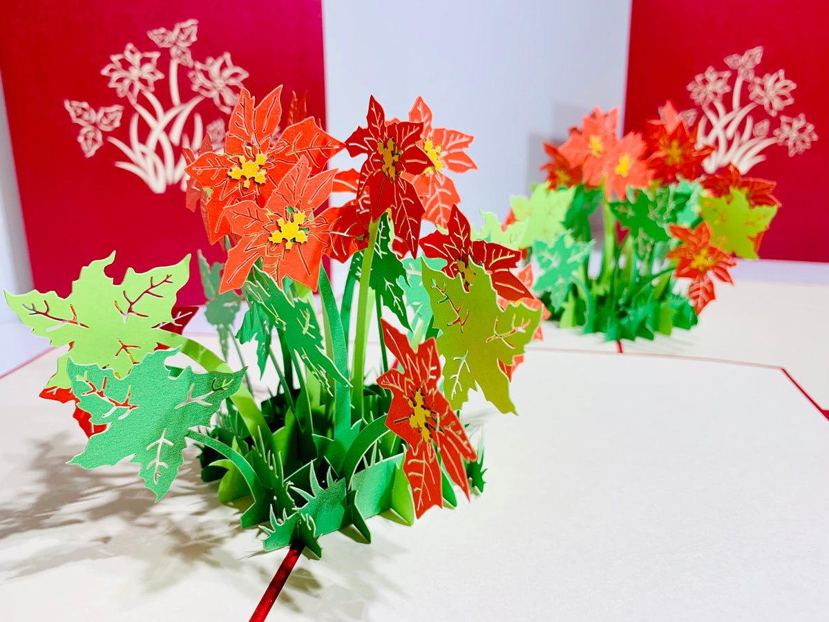 Red Flowering Poinsettia Bush Origami Pop Cards 3D Pop Up Greeting Card Merry Christmas Thank You Handmade Best Wishes Blank Card Gift Happy Holidays Celebrate the Special Day Moment with Family and Friends