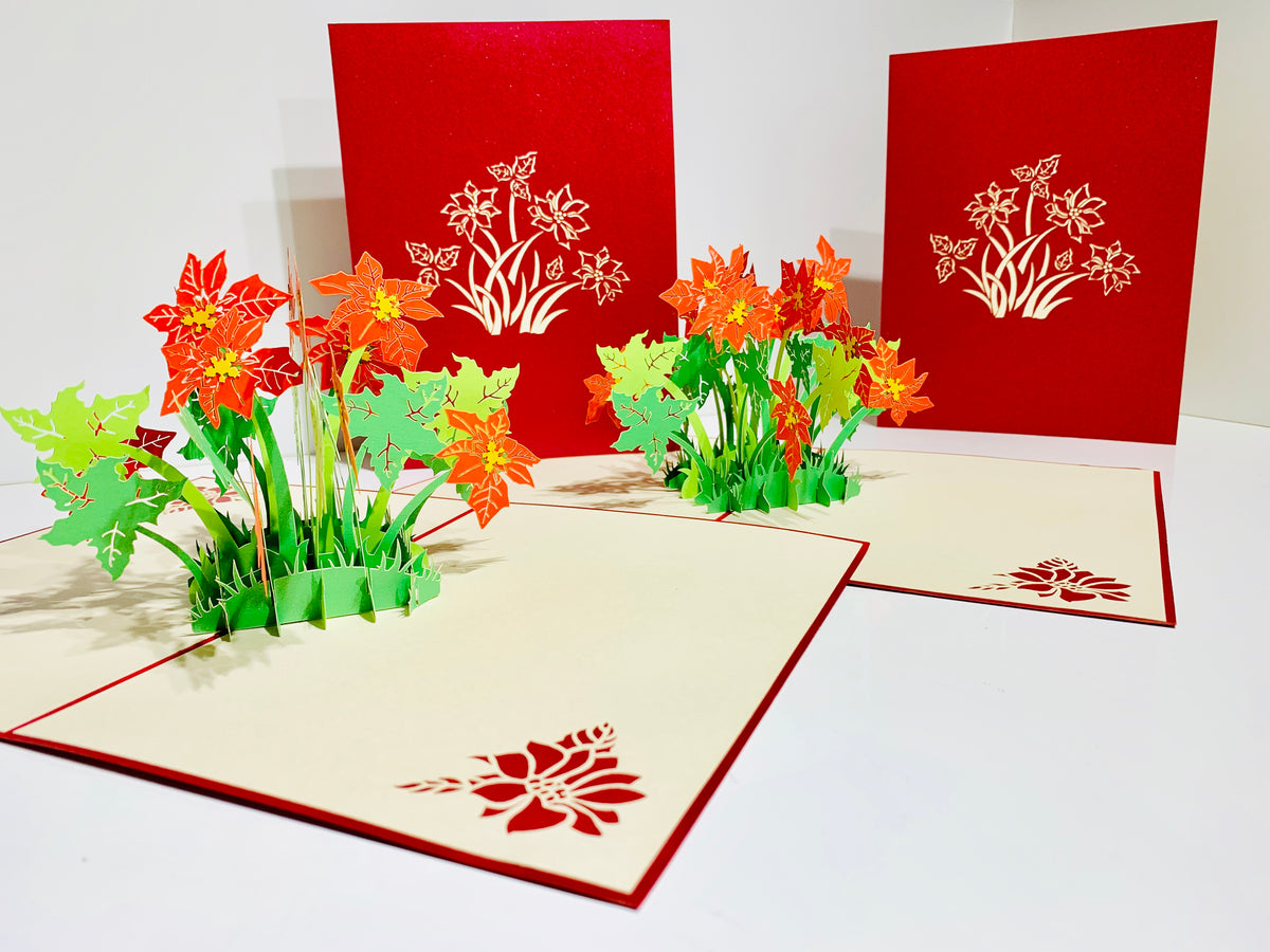 Red Flowering Poinsettia Bush Origami Pop Cards 3D Pop Up Greeting Card Merry Christmas Thank You Handmade Best Wishes Blank Card Gift Happy Holidays Celebrate the Special Day Moment with Family and Friends