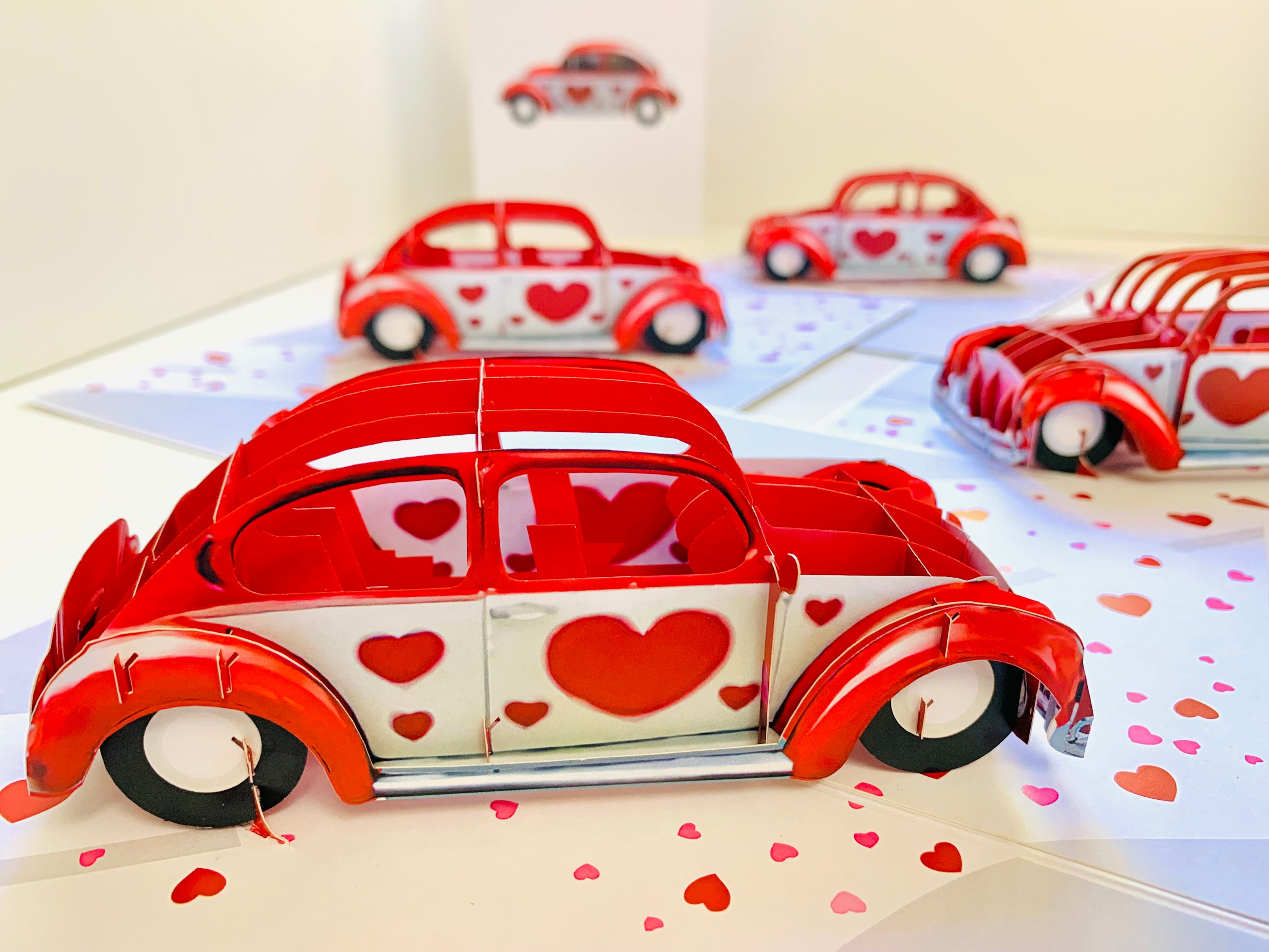 Red Love Heart Classic Vintage Car Celebrating LOVE 3D POP UP GREETING CARD - Created by Origami Pop Cards Australian Design & Handmade 3D Pop Up Magical Paper Cards, Handmade Pop Up Cards Happy Valentine's Day Celebrate Love Heart Fell and Romantic