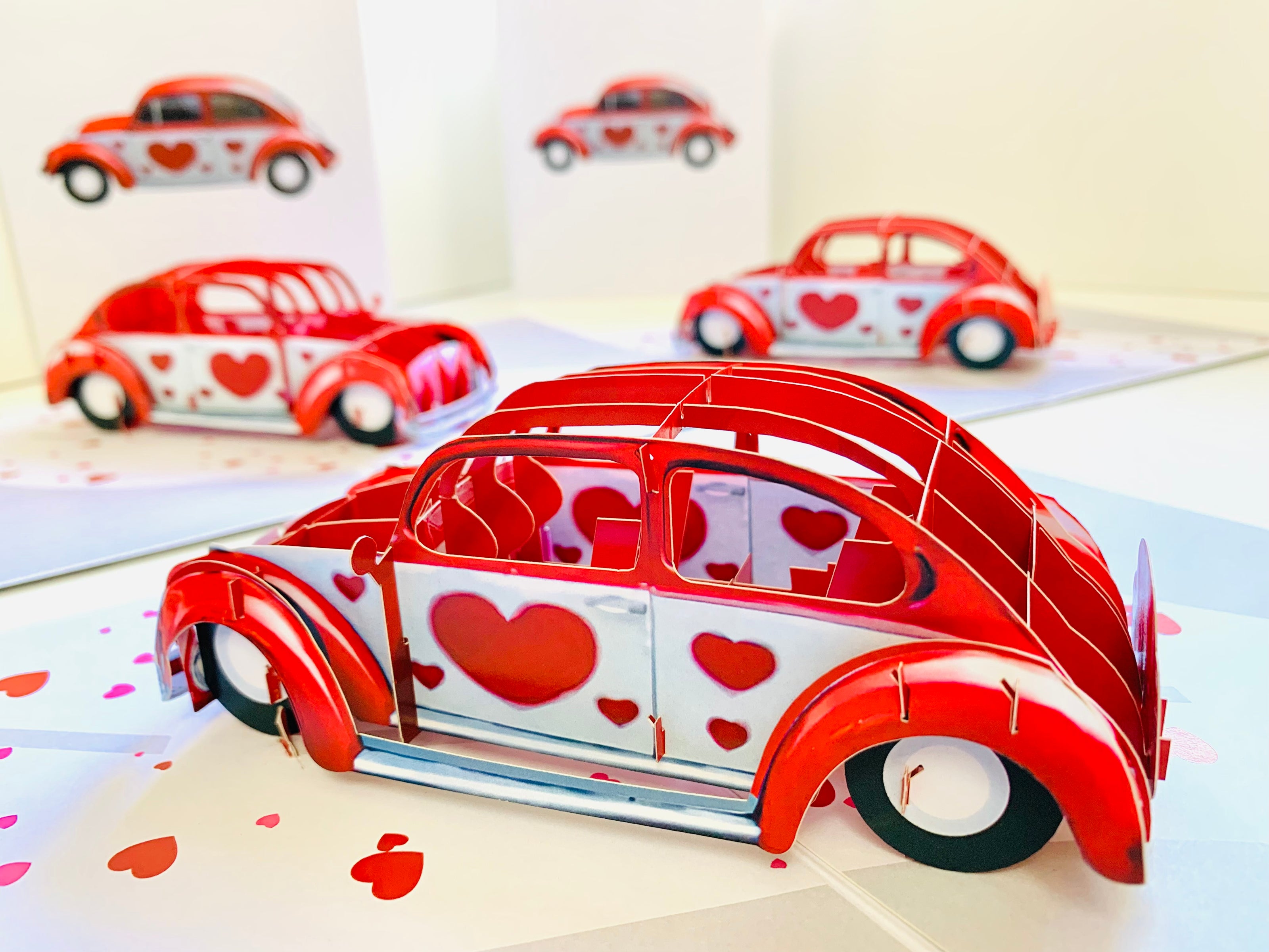Red Love Heart Classic Vintage Car Celebrating LOVE 3D POP UP GREETING CARD - Created by Origami Pop Cards Australian Design & Handmade 3D Pop Up Magical Paper Cards, Handmade Pop Up Cards Happy Valentine's Day Celebrate Love Heart Fell and Romantic