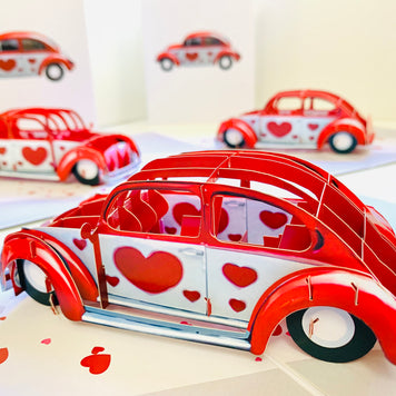 Red Love Heart Classic Vintage Car Celebrating LOVE 3D POP UP GREETING CARD - Created by Origami Pop Cards Australian Design & Handmade 3D Pop Up Magical Paper Cards, Handmade Pop Up Cards Happy Valentine's Day Celebrate Love Heart Fell and Romantic