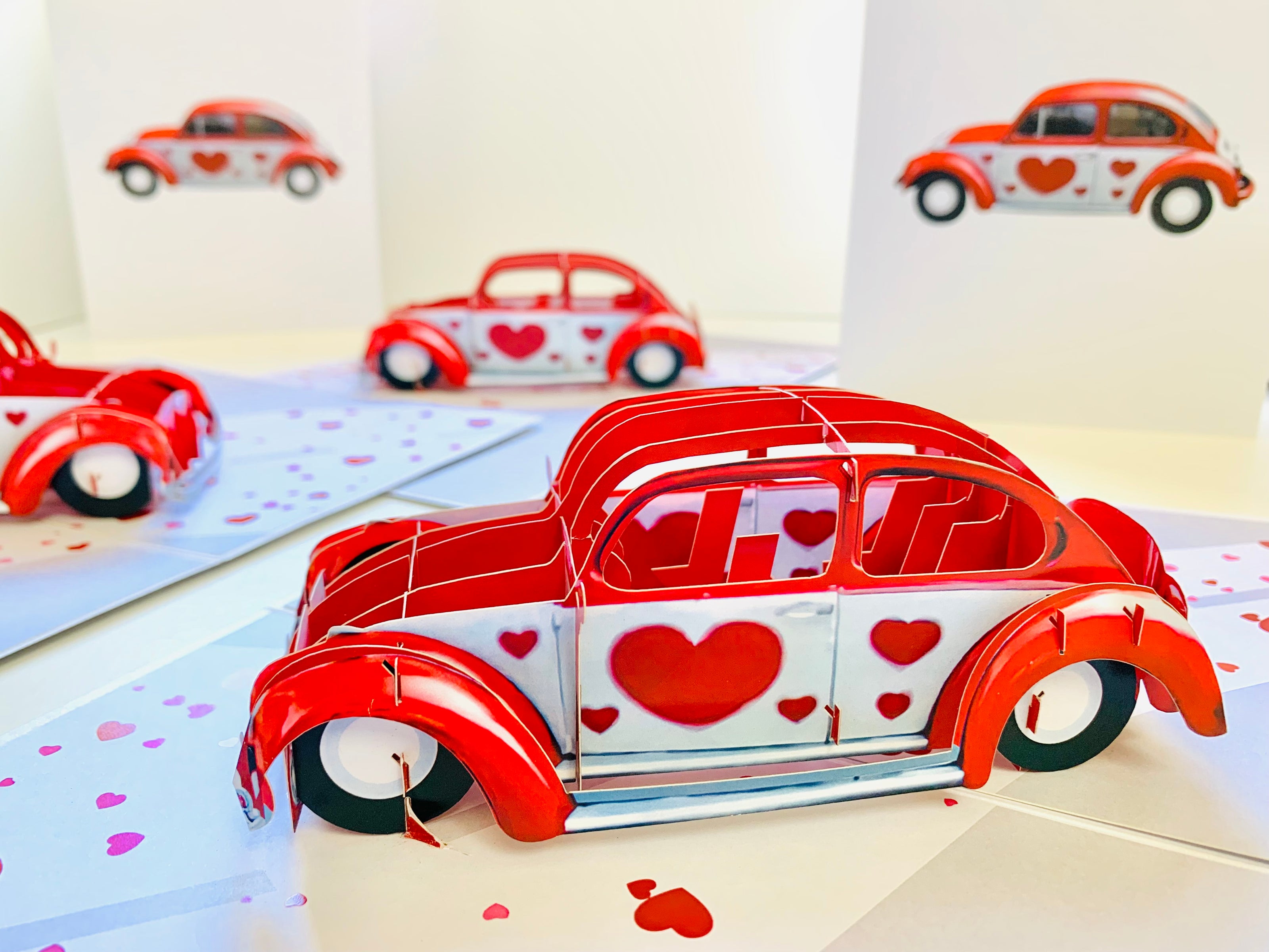 Red Love Heart Classic Vintage Car Celebrating LOVE 3D POP UP GREETING CARD - Created by Origami Pop Cards Australian Design & Handmade 3D Pop Up Magical Paper Cards, Handmade Pop Up Cards Happy Valentine's Day Celebrate Love Heart Fell and Romantic