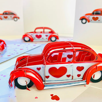Red Love Heart Classic Vintage Car Celebrating LOVE 3D POP UP GREETING CARD - Created by Origami Pop Cards Australian Design & Handmade 3D Pop Up Magical Paper Cards, Handmade Pop Up Cards Happy Valentine's Day Celebrate Love Heart Fell and Romantic