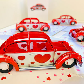 Red Love Heart Classic Vintage Car Celebrating LOVE 3D POP UP GREETING CARD - Created by Origami Pop Cards Australian Design & Handmade 3D Pop Up Magical Paper Cards, Handmade Pop Up Cards Happy Valentine's Day Celebrate Love Heart Fell and Romantic