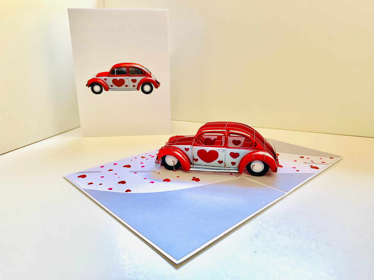 Red Love Heart Classic Vintage Car Celebrating LOVE 3D POP UP GREETING CARD - Created by Origami Pop Cards Australian Design & Handmade 3D Pop Up Magical Paper Cards, Handmade Pop Up Cards Happy Valentine's Day Celebrate Love Heart Fell and Romantic
