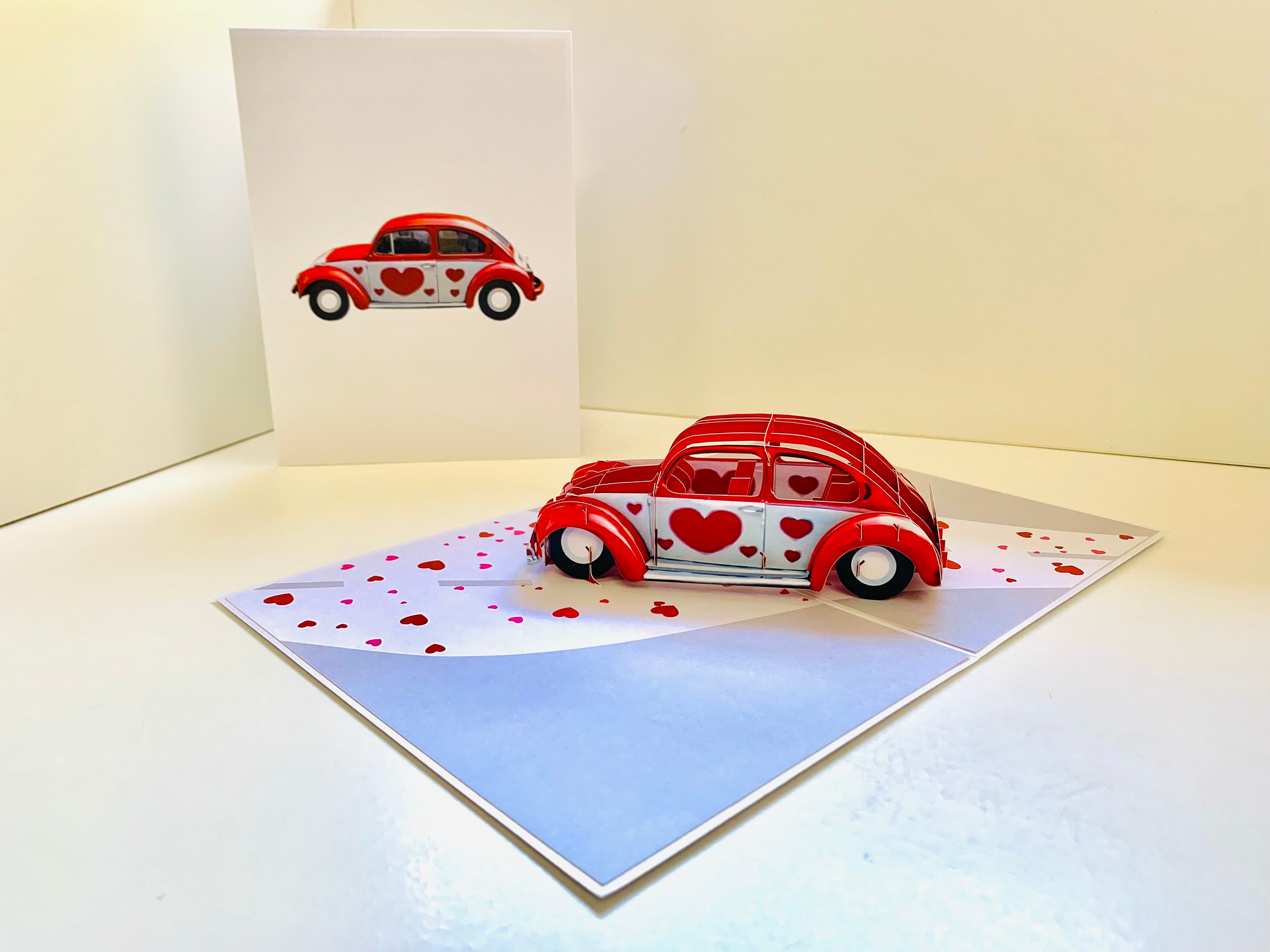 Red Love Heart Classic Vintage Car Celebrating LOVE 3D POP UP GREETING CARD - Created by Origami Pop Cards Australian Design & Handmade 3D Pop Up Magical Paper Cards, Handmade Pop Up Cards Happy Valentine's Day Celebrate Love Heart Fell and Romantic