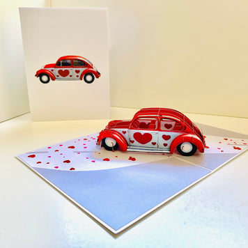 Red Love Heart Classic Vintage Car Celebrating LOVE 3D POP UP GREETING CARD - Created by Origami Pop Cards Australian Design & Handmade 3D Pop Up Magical Paper Cards, Handmade Pop Up Cards Happy Valentine's Day Celebrate Love Heart Fell and Romantic
