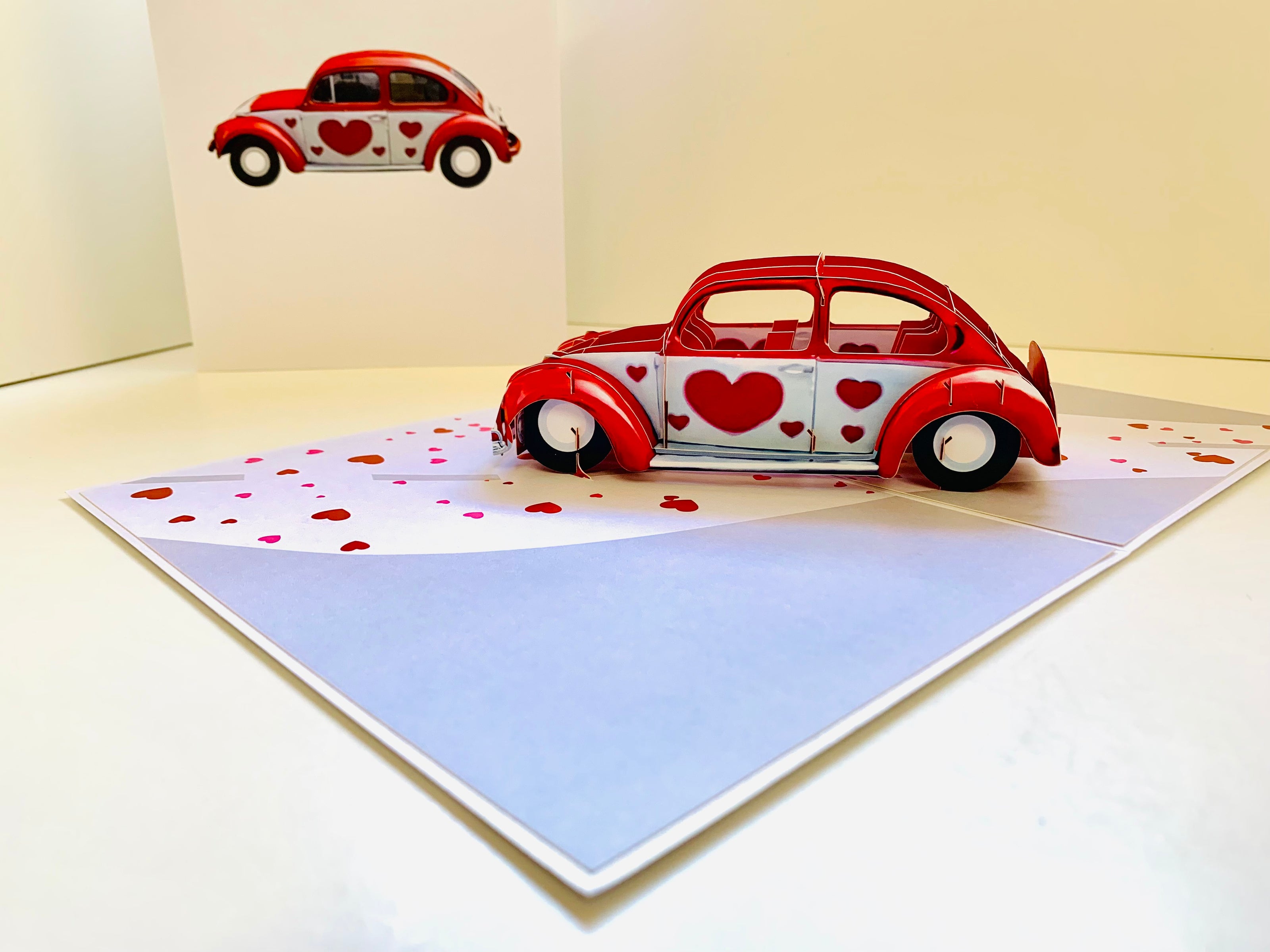 Red Love Heart Classic Vintage Car Celebrating LOVE 3D POP UP GREETING CARD - Created by Origami Pop Cards Australian Design & Handmade 3D Pop Up Magical Paper Cards, Handmade Pop Up Cards Happy Valentine's Day Celebrate Love Heart Fell and Romantic