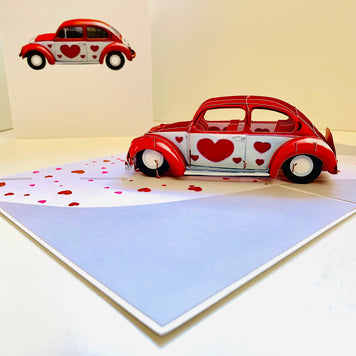 Red Love Heart Classic Vintage Car Celebrating LOVE 3D POP UP GREETING CARD - Created by Origami Pop Cards Australian Design & Handmade 3D Pop Up Magical Paper Cards, Handmade Pop Up Cards Happy Valentine's Day Celebrate Love Heart Fell and Romantic