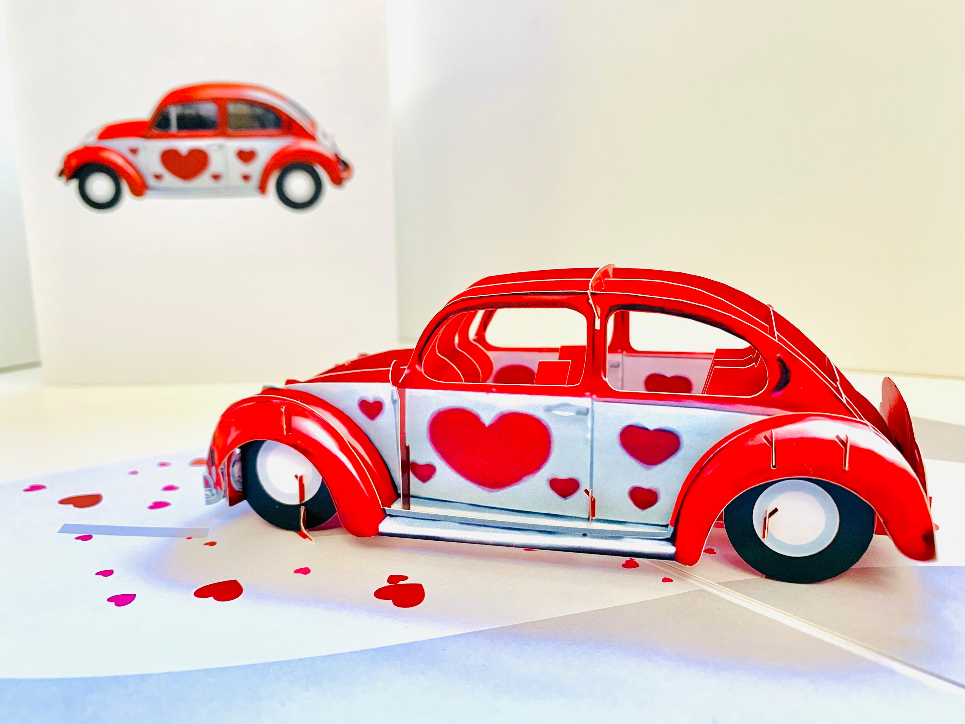 Red Love Heart Classic Vintage Car Celebrating LOVE 3D POP UP GREETING CARD - Created by Origami Pop Cards Australian Design & Handmade 3D Pop Up Magical Paper Cards, Handmade Pop Up Cards Happy Valentine's Day Celebrate Love Heart Fell and Romantic