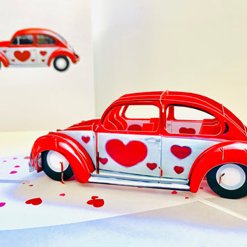Red Love Heart Classic Vintage Car Celebrating LOVE 3D POP UP GREETING CARD - Created by Origami Pop Cards Australian Design & Handmade 3D Pop Up Magical Paper Cards, Handmade Pop Up Cards Happy Valentine's Day Celebrate Love Heart Fell and Romantic