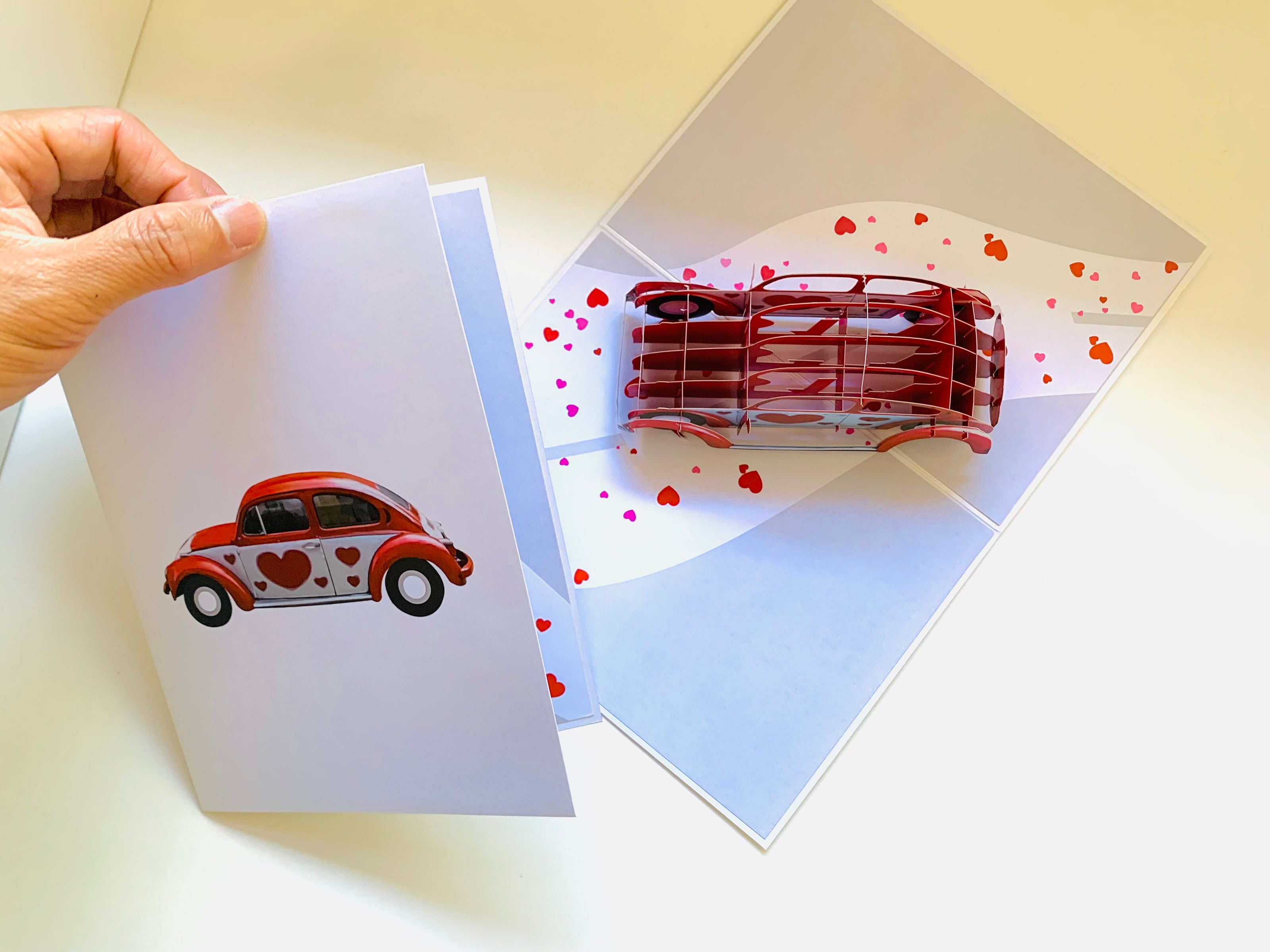 Red Love Heart Classic Vintage Car Celebrating LOVE 3D POP UP GREETING CARD - Created by Origami Pop Cards Australian Design & Handmade 3D Pop Up Magical Paper Cards, Handmade Pop Up Cards Happy Valentine's Day Celebrate Love Heart Fell and Romantic