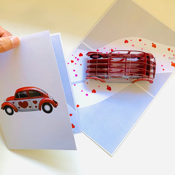 Red Love Heart Classic Vintage Car Celebrating LOVE 3D POP UP GREETING CARD - Created by Origami Pop Cards Australian Design & Handmade 3D Pop Up Magical Paper Cards, Handmade Pop Up Cards Happy Valentine's Day Celebrate Love Heart Fell and Romantic