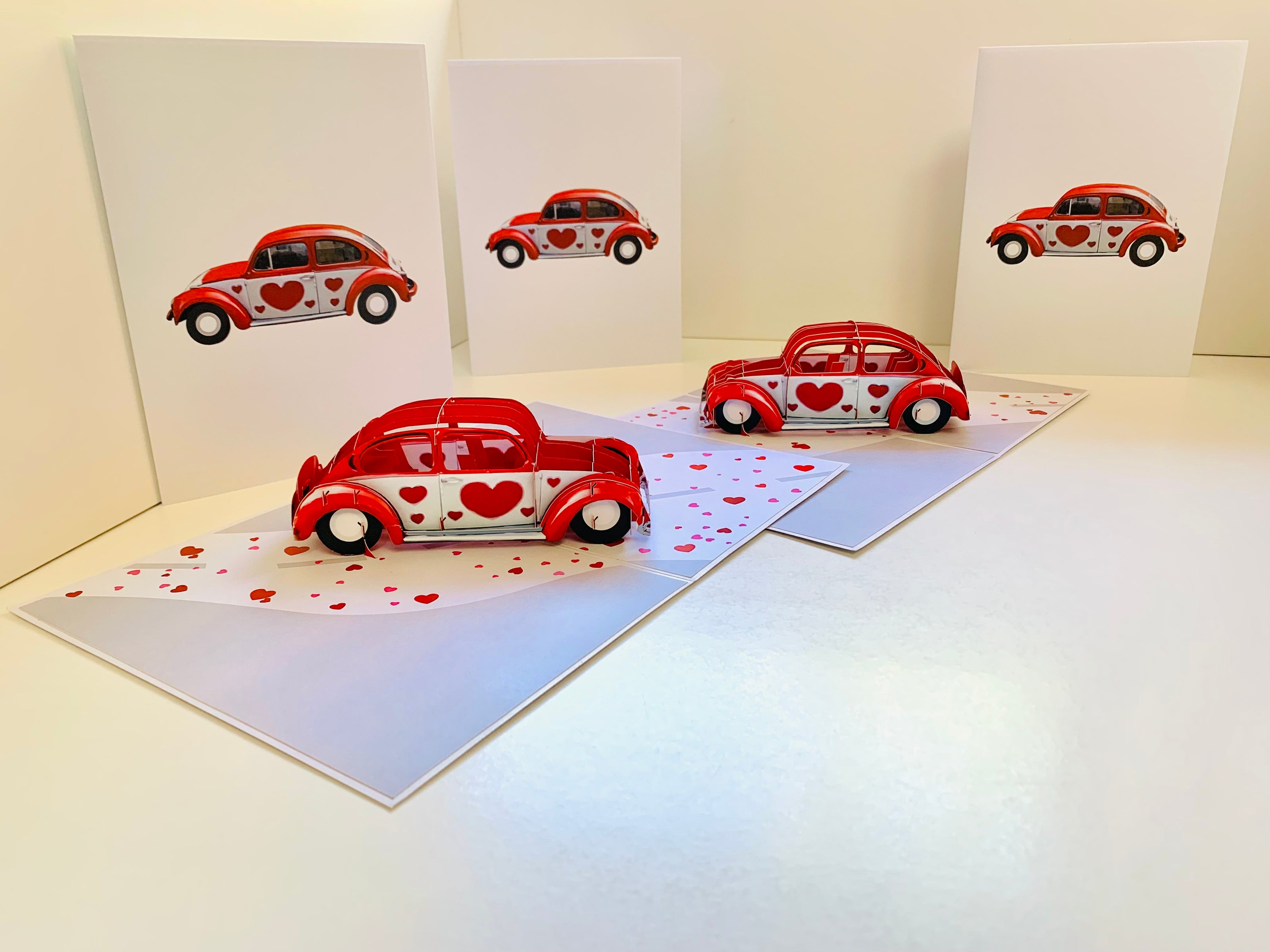 Red Love Heart Classic Vintage Car Celebrating LOVE 3D POP UP GREETING CARD - Created by Origami Pop Cards Australian Design & Handmade 3D Pop Up Magical Paper Cards, Handmade Pop Up Cards Happy Valentine's Day Celebrate Love Heart Fell and Romantic