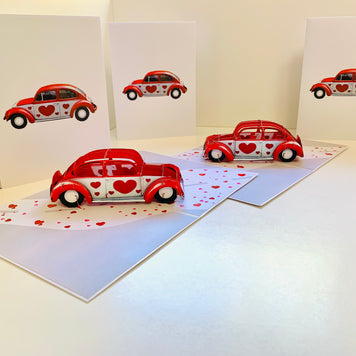Red Love Heart Classic Vintage Car Celebrating LOVE 3D POP UP GREETING CARD - Created by Origami Pop Cards Australian Design & Handmade 3D Pop Up Magical Paper Cards, Handmade Pop Up Cards Happy Valentine's Day Celebrate Love Heart Fell and Romantic