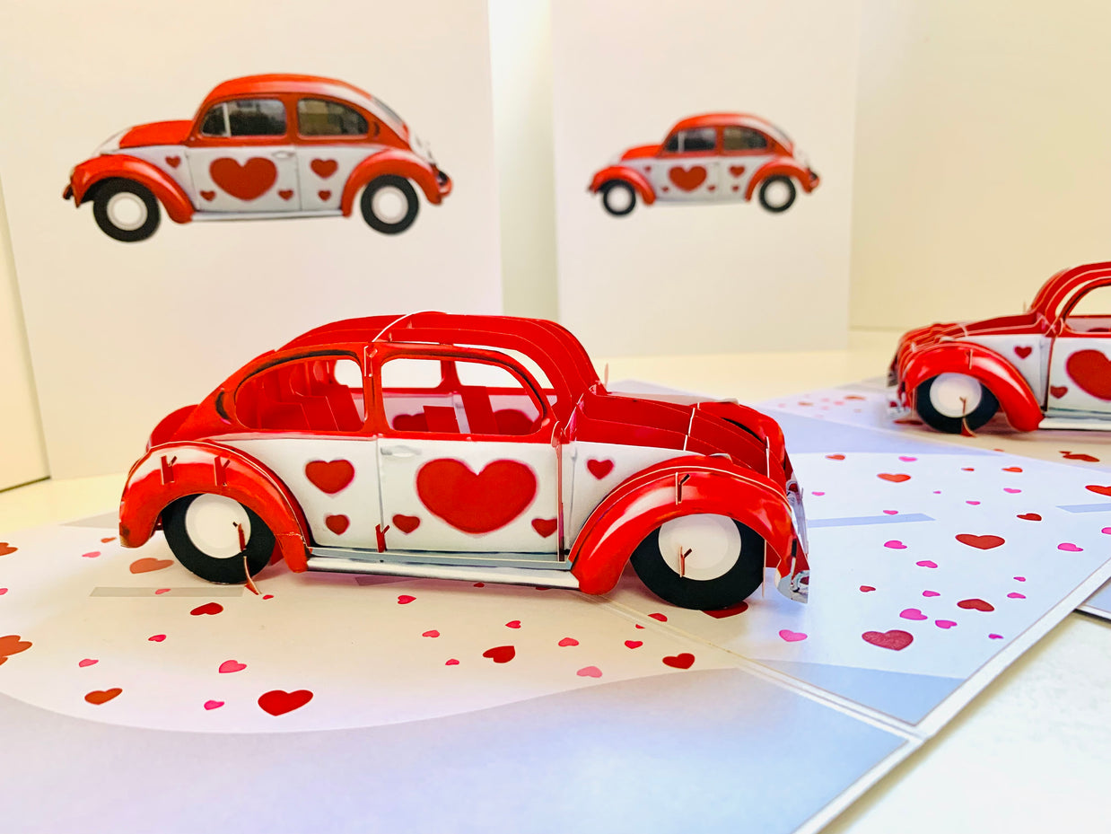 Red Love Heart Classic Vintage Car Celebrating LOVE 3D POP UP GREETING CARD - Created by Origami Pop Cards Australian Design & Handmade 3D Pop Up Magical Paper Cards, Handmade Pop Up Cards Happy Valentine's Day Celebrate Love Heart Fell and Romantic