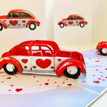 Red Love Heart Classic Vintage Car Celebrating LOVE 3D POP UP GREETING CARD - Created by Origami Pop Cards Australian Design & Handmade 3D Pop Up Magical Paper Cards, Handmade Pop Up Cards Happy Valentine's Day Celebrate Love Heart Fell and Romantic