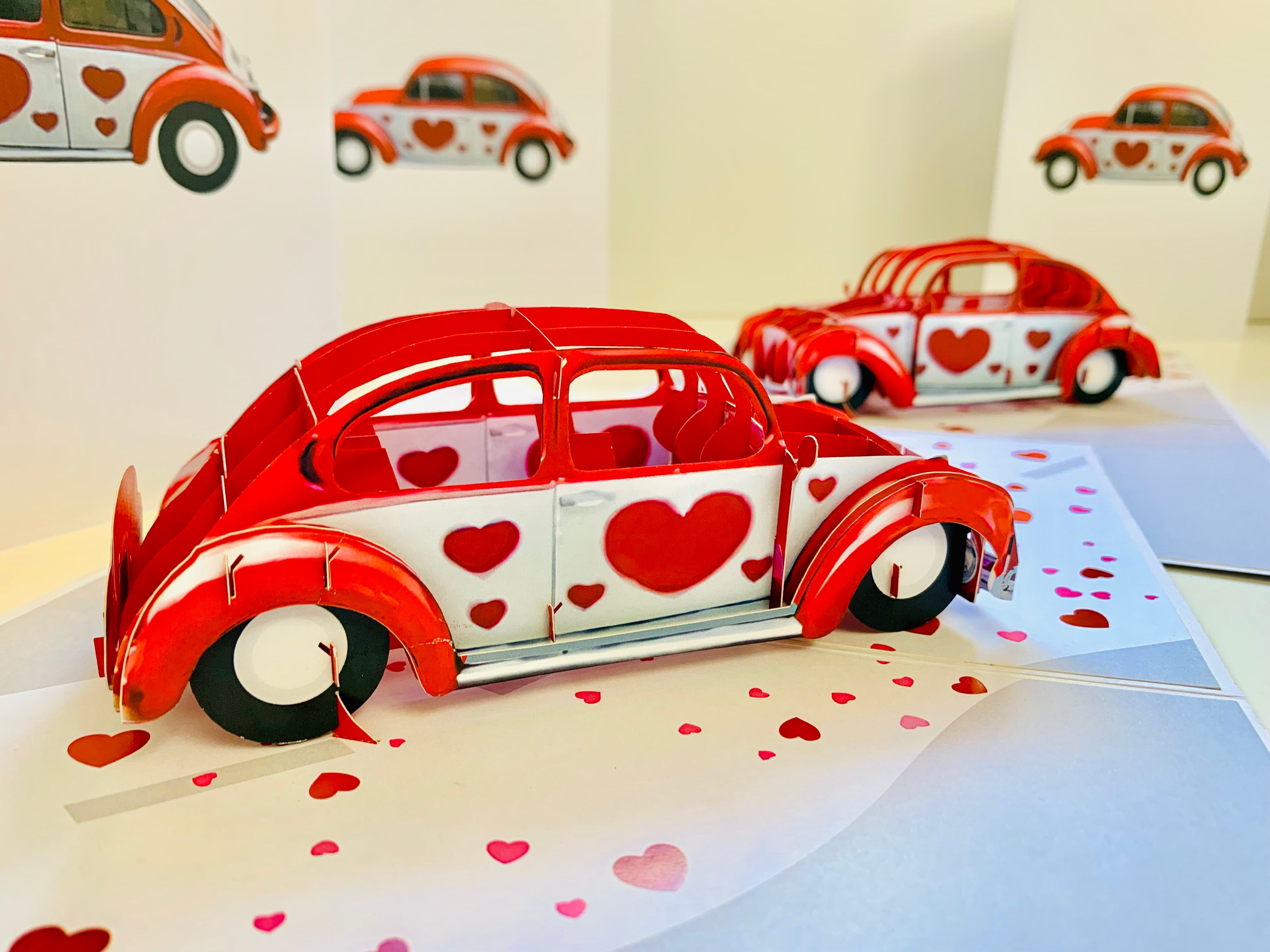 Red Love Heart Classic Vintage Car Celebrating LOVE 3D POP UP GREETING CARD - Created by Origami Pop Cards Australian Design & Handmade 3D Pop Up Magical Paper Cards, Handmade Pop Up Cards Happy Valentine's Day Celebrate Love Heart Fell and Romantic