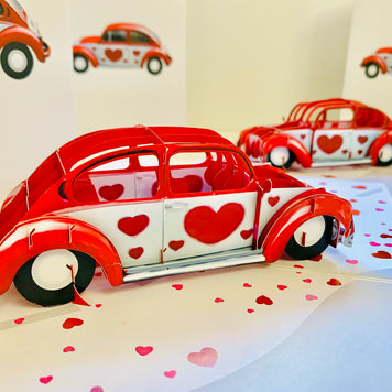 Red Love Heart Classic Vintage Car Celebrating LOVE 3D POP UP GREETING CARD - Created by Origami Pop Cards Australian Design & Handmade 3D Pop Up Magical Paper Cards, Handmade Pop Up Cards Happy Valentine's Day Celebrate Love Heart Fell and Romantic