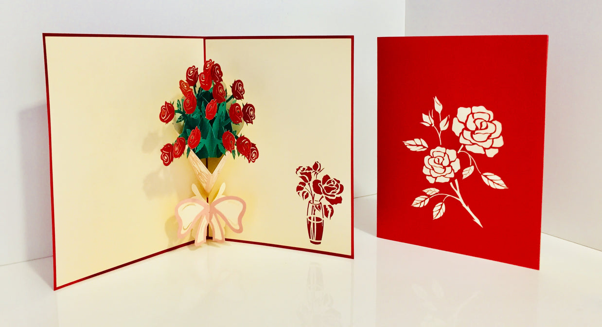 Red Rose Bouquet Wrapped in Pink Ribbon Perfect for Spring Season Origami Pop Cards 3D Pop Up Greeting Card Happy Birthday Thank You Handmade Gift Thinking of You Blank Card for Any Occasion Happy Mother's Day Australiana Celebrate the Beauty