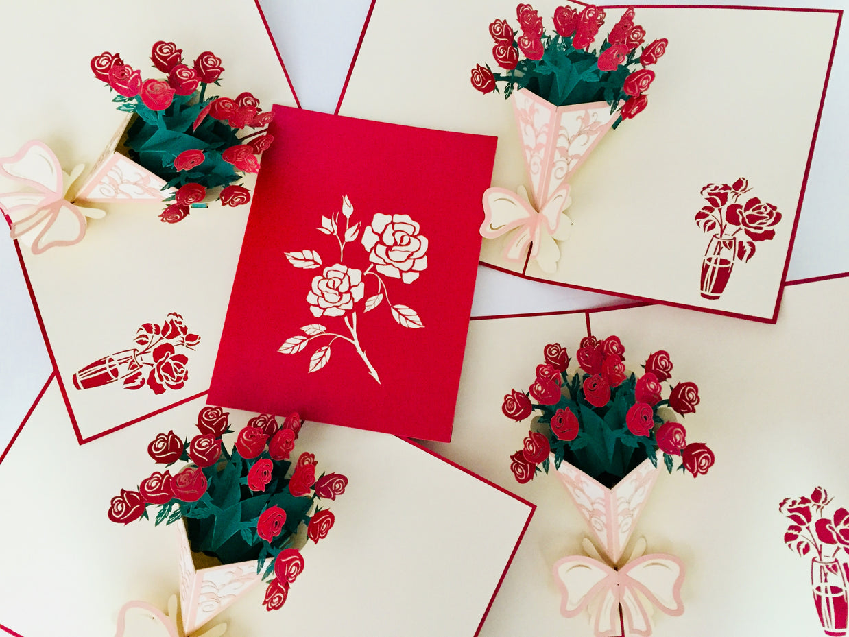 Red Rose Bouquet Wrapped in Pink Ribbon Perfect for Spring Season Origami Pop Cards 3D Pop Up Greeting Card Happy Birthday Thank You Handmade Gift Thinking of You Blank Card for Any Occasion Happy Mother's Day Australiana Celebrate the Beauty