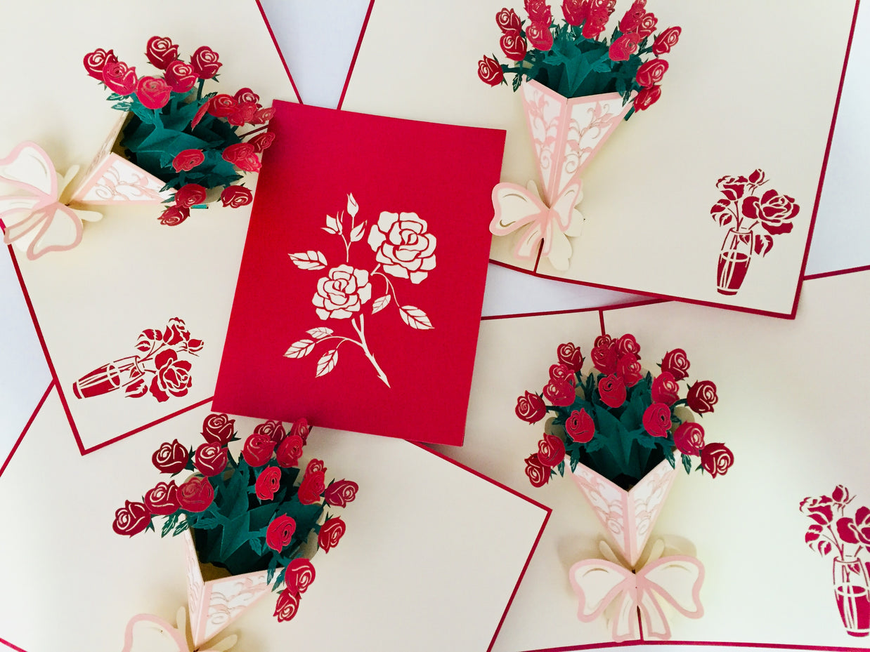 Red Rose Bouquet Wrapped in Pink Ribbon Perfect for Spring Season Origami Pop Cards 3D Pop Up Greeting Card Happy Birthday Thank You Handmade Gift Thinking of You Blank Card for Any Occasion Happy Mother's Day Australiana Celebrate the Beauty