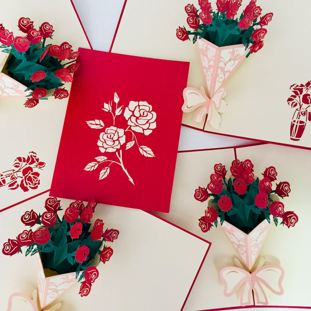 Red Rose Bouquet Wrapped in Pink Ribbon Perfect for Spring Season Origami Pop Cards 3D Pop Up Greeting Card Happy Birthday Thank You Handmade Gift Thinking of You Blank Card for Any Occasion Happy Mother's Day Australiana Celebrate the Beauty