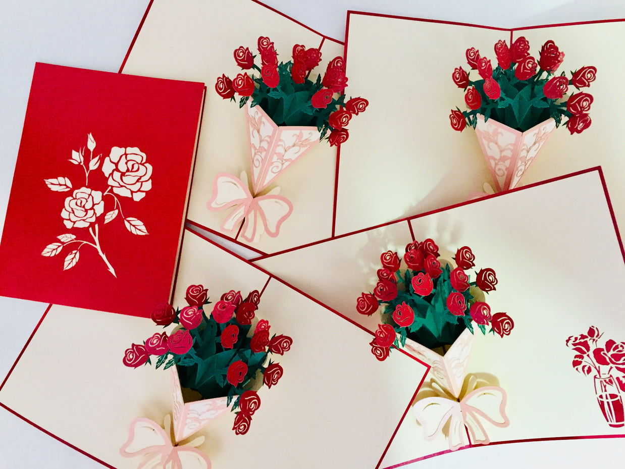 Red Rose Bouquet Wrapped in Pink Ribbon Perfect for Spring Season Origami Pop Cards 3D Pop Up Greeting Card Happy Birthday Thank You Handmade Gift Thinking of You Blank Card for Any Occasion Happy Mother's Day Australiana Celebrate the Beauty