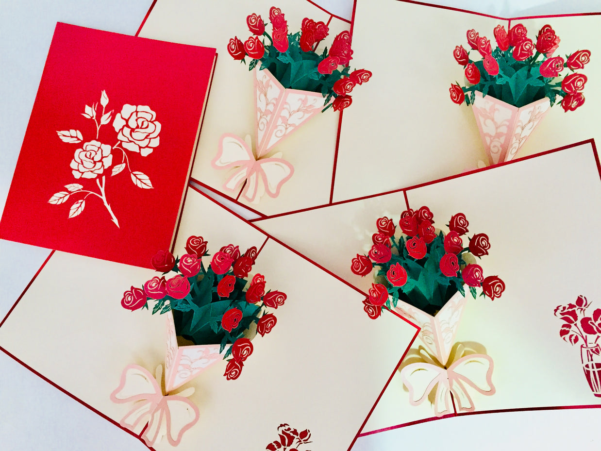 Red Rose Bouquet Wrapped in Pink Ribbon Perfect for Spring Season Origami Pop Cards 3D Pop Up Greeting Card Happy Birthday Thank You Handmade Gift Thinking of You Blank Card for Any Occasion Happy Mother's Day Australiana Celebrate the Beauty