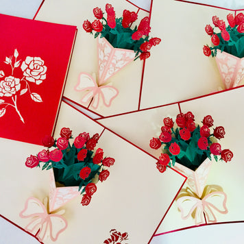 Red Rose Bouquet Wrapped in Pink Ribbon Perfect for Spring Season Origami Pop Cards 3D Pop Up Greeting Card Happy Birthday Thank You Handmade Gift Thinking of You Blank Card for Any Occasion Happy Mother's Day Australiana Celebrate the Beauty
