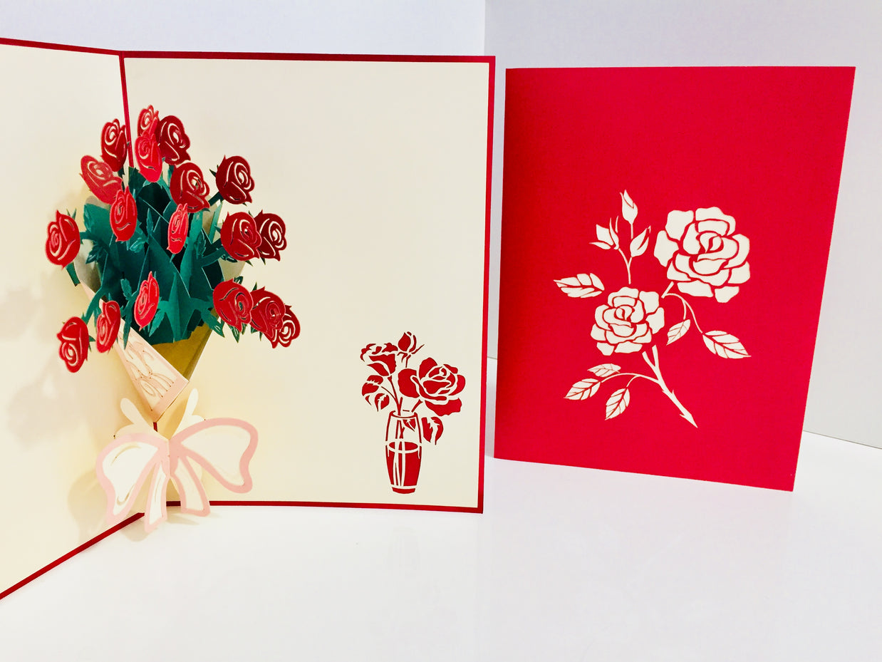 Red Rose Bouquet Wrapped in Pink Ribbon Perfect for Spring Season Origami Pop Cards 3D Pop Up Greeting Card Happy Birthday Thank You Handmade Gift Thinking of You Blank Card for Any Occasion Happy Mother's Day Australiana Celebrate the Beauty
