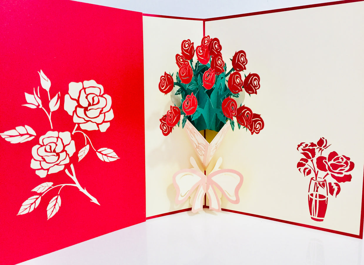 Red Rose Bouquet Wrapped in Pink Ribbon Perfect for Spring Season Origami Pop Cards 3D Pop Up Greeting Card Happy Birthday Thank You Handmade Gift Thinking of You Blank Card for Any Occasion Happy Mother's Day Australiana Celebrate the Beauty