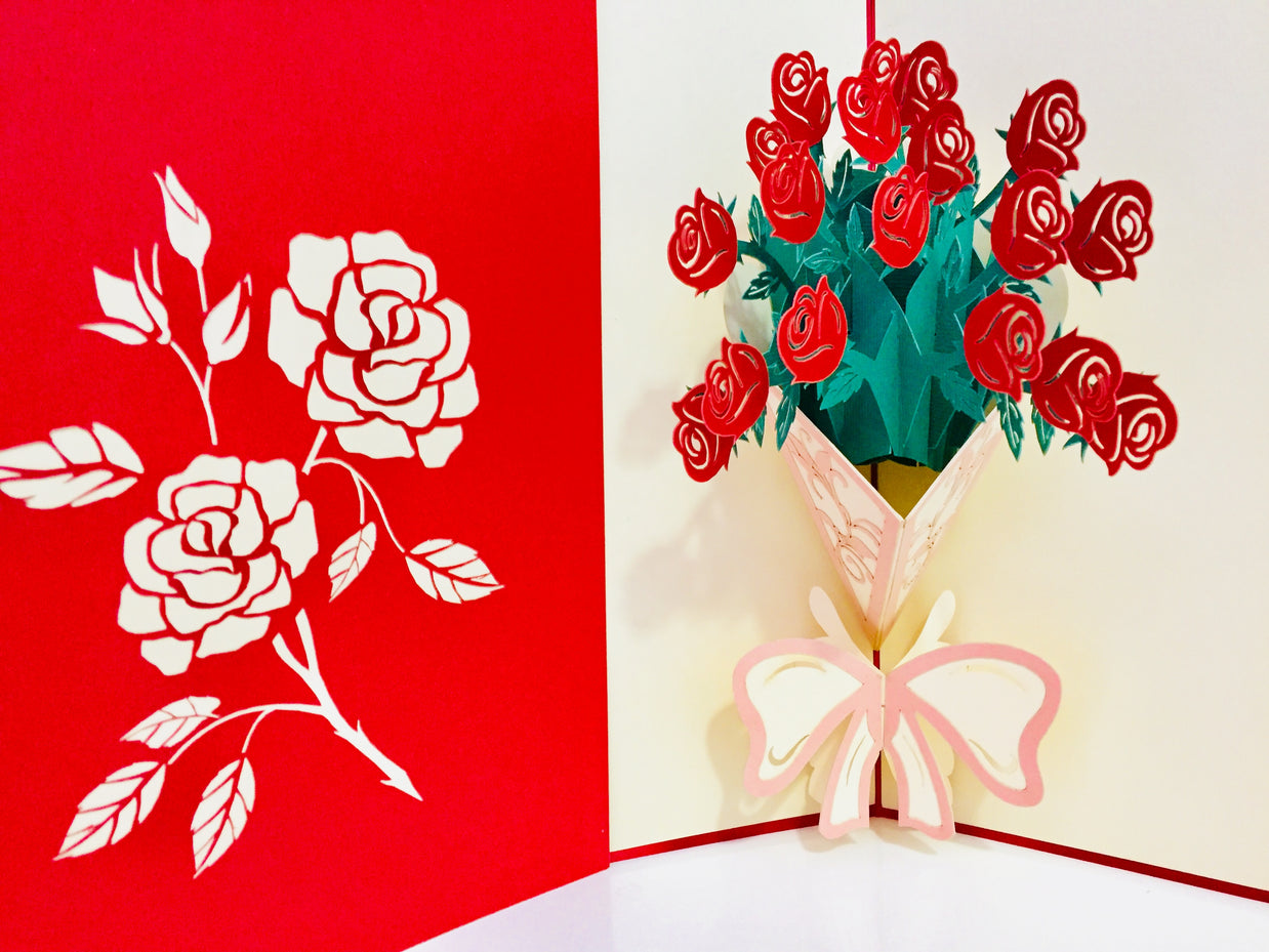 Red Rose Bouquet Wrapped in Pink Ribbon Perfect for Spring Season Origami Pop Cards 3D Pop Up Greeting Card Happy Birthday Thank You Handmade Gift Thinking of You Blank Card for Any Occasion Happy Mother's Day Australiana Celebrate the Beauty