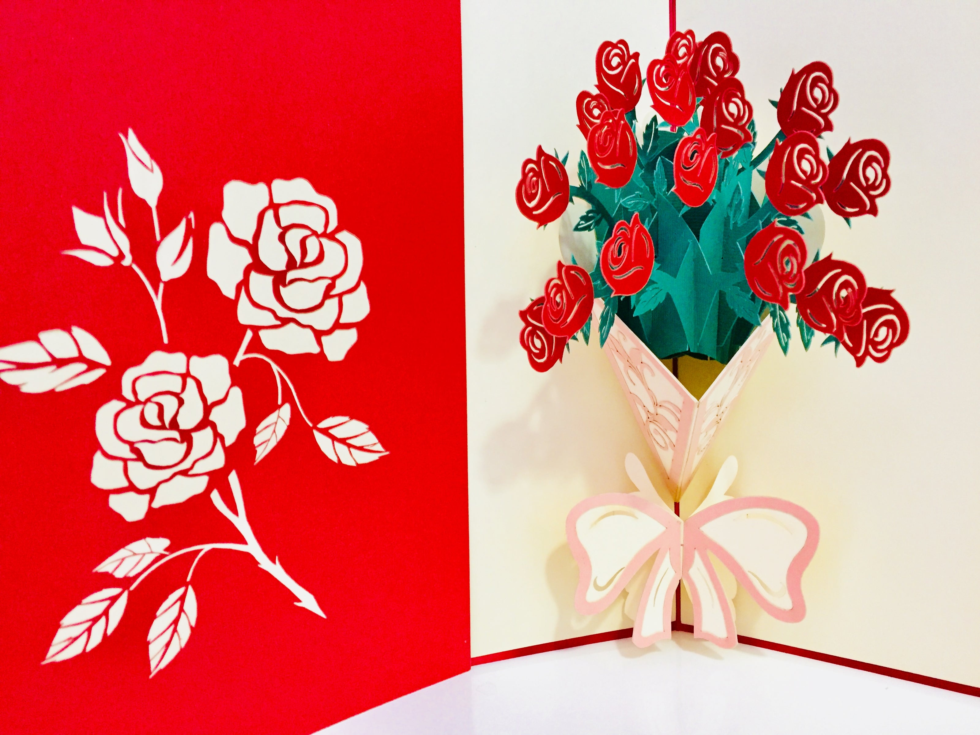 Red Rose Bouquet Wrapped in Pink Ribbon Perfect for Spring Season Origami Pop Cards 3D Pop Up Greeting Card Happy Birthday Thank You Handmade Gift Thinking of You Blank Card for Any Occasion Happy Mother's Day Australiana Celebrate the Beauty