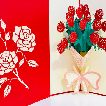 Red Rose Bouquet Wrapped in Pink Ribbon Perfect for Spring Season Origami Pop Cards 3D Pop Up Greeting Card Happy Birthday Thank You Handmade Gift Thinking of You Blank Card for Any Occasion Happy Mother's Day Australiana Celebrate the Beauty