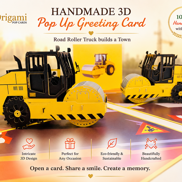 Road Roller Truck builds a Town Perfect for Construction Workers or Little Kids Origami Pop Cards 3D Pop Up Greeting Card Thank You Handmade Gift Thinking of You Happy Birthday Occasion Australiana Celebrate the Beauty and Happiness During Special Day