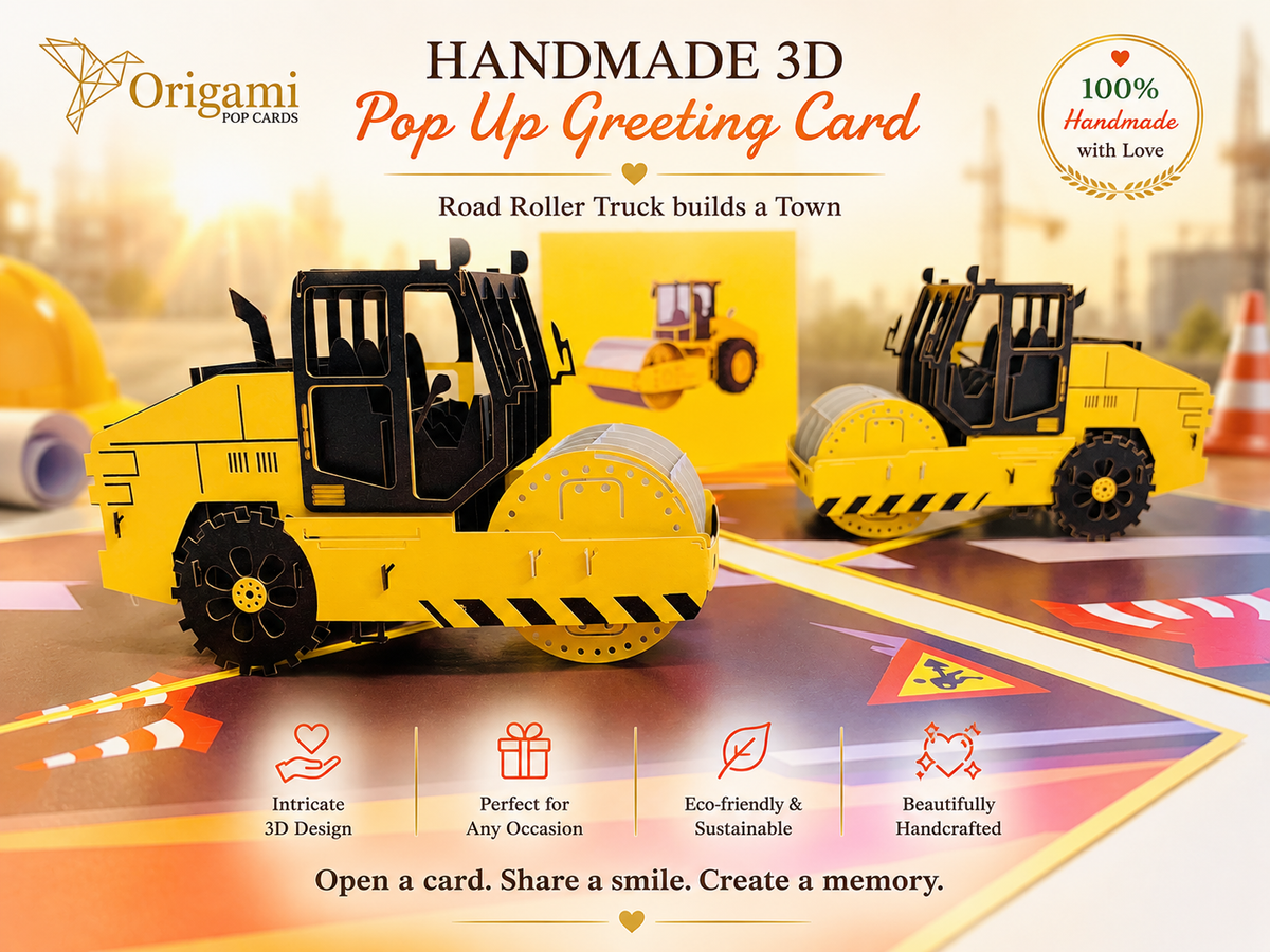 Road Roller Truck builds a Town ~ Perfect for Construction Workers or Kids Origami Pop Cards 3D Pop Up Greeting Card Thank You Handmade Gift Thinking of You Happy Birthday Occasion Australiana Celebrate the Beauty and Happiness During Special Day