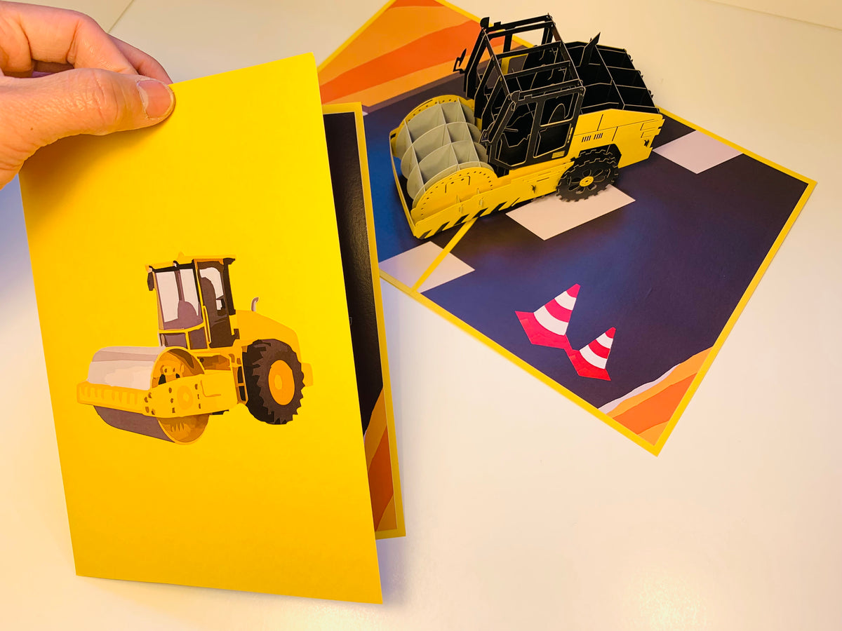 Road Roller Truck builds a Town Perfect for Construction Workers or Little Kids Origami Pop Cards 3D Pop Up Greeting Card Thank You Handmade Gift Thinking of You Happy Birthday Occasion Australiana Celebrate the Beauty and Happiness During Special Day