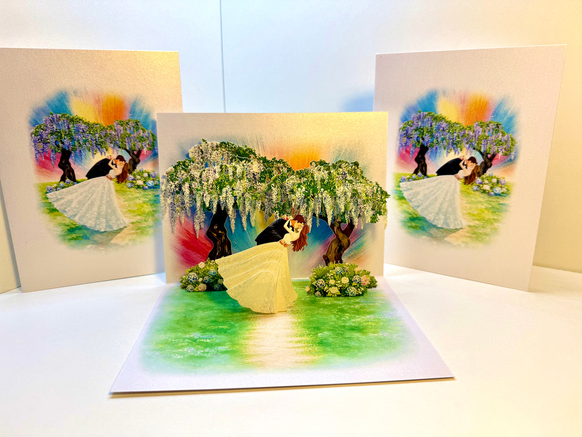 Romantic Blooming Purple Wisteria Wedding Trees with Bride & Groom 3D POP UP GREETING CARD - Created by Origami Pop Cards – 3D Pop Up Greeting Cards, Australian Design & Handmade, 3D Pop Up Magical Paper Cards Celebrate Love Anniversary Heart Fell