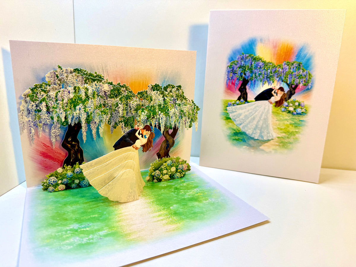 Romantic Blooming Purple Wisteria Wedding Trees with Bride & Groom 3D POP UP GREETING CARD - Created by Origami Pop Cards – 3D Pop Up Greeting Cards, Australian Design & Handmade, 3D Pop Up Magical Paper Cards Celebrate Love Anniversary Heart Fell