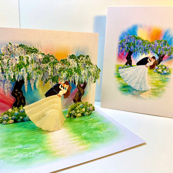 Romantic Blooming Purple Wisteria Wedding Trees with Bride & Groom 3D POP UP GREETING CARD - Created by Origami Pop Cards – 3D Pop Up Greeting Cards, Australian Design & Handmade, 3D Pop Up Magical Paper Cards Celebrate Love Anniversary Heart Fell