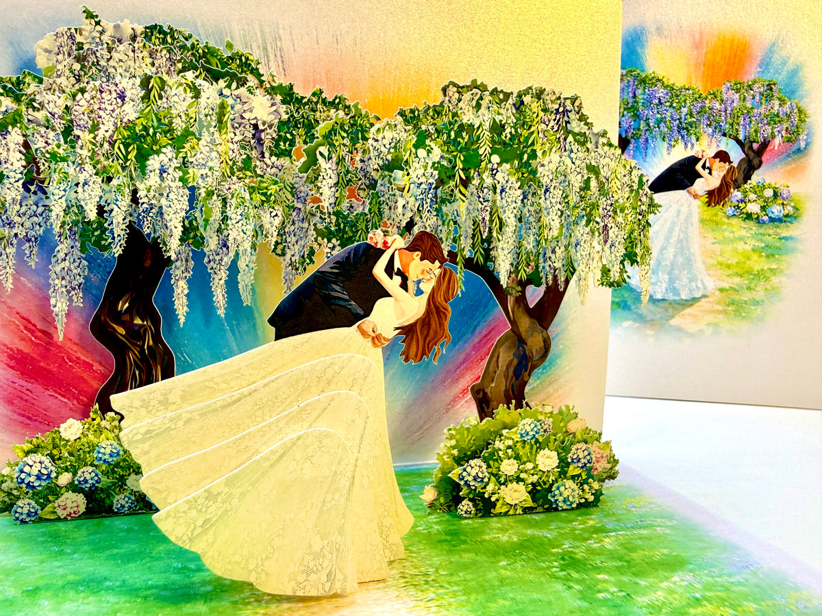 Romantic Blooming Purple Wisteria Wedding Trees with Bride & Groom 3D POP UP GREETING CARD - Created by Origami Pop Cards – 3D Pop Up Greeting Cards, Australian Design & Handmade, 3D Pop Up Magical Paper Cards Celebrate Love Anniversary Heart Fell