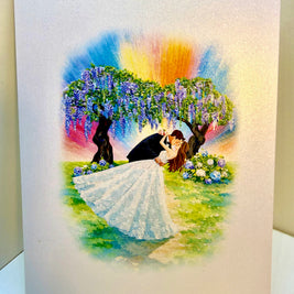 Romantic Blooming Purple Wisteria Wedding Trees with Bride & Groom 3D POP UP GREETING CARD - Created by Origami Pop Cards – 3D Pop Up Greeting Cards, Australian Design & Handmade, 3D Pop Up Magical Paper Cards Celebrate Love Anniversary Heart Fell