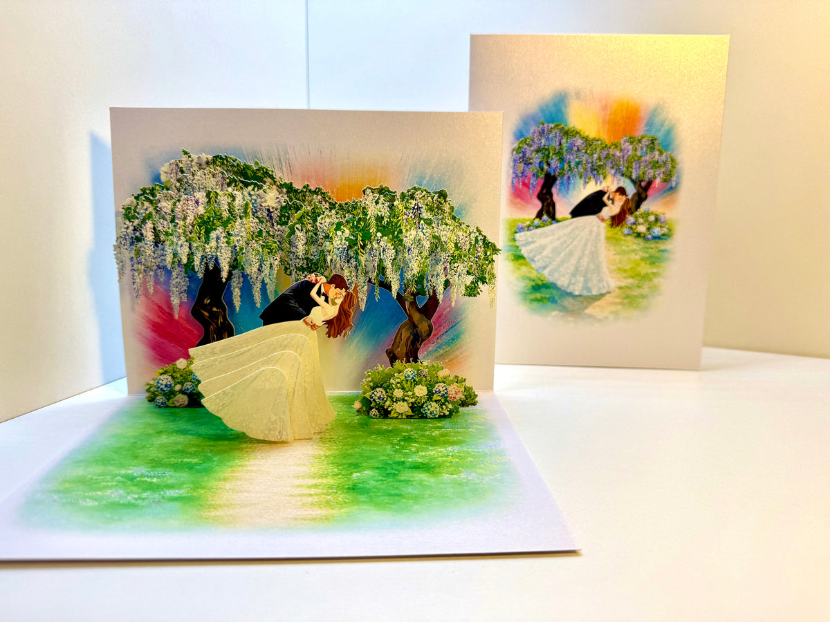 Romantic Blooming Purple Wisteria Wedding Trees with Bride & Groom 3D POP UP GREETING CARD - Created by Origami Pop Cards – 3D Pop Up Greeting Cards, Australian Design & Handmade, 3D Pop Up Magical Paper Cards Celebrate Love Anniversary Heart Fell