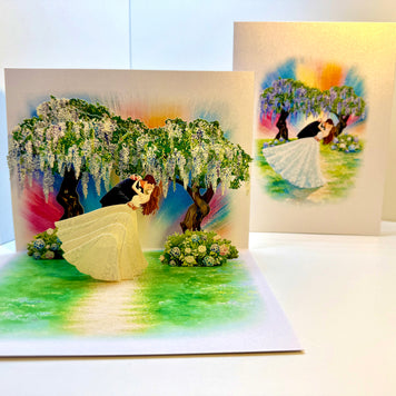 Romantic Blooming Purple Wisteria Wedding Trees with Bride & Groom 3D POP UP GREETING CARD - Created by Origami Pop Cards – 3D Pop Up Greeting Cards, Australian Design & Handmade, 3D Pop Up Magical Paper Cards Celebrate Love Anniversary Heart Fell