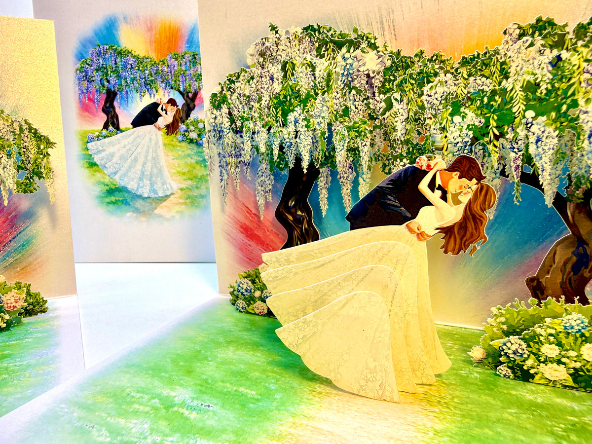 Romantic Blooming Purple Wisteria Wedding Trees with Bride & Groom 3D POP UP GREETING CARD - Created by Origami Pop Cards – 3D Pop Up Greeting Cards, Australian Design & Handmade, 3D Pop Up Magical Paper Cards Celebrate Love Anniversary Heart Fell