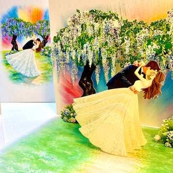 Romantic Blooming Purple Wisteria Wedding Trees with Bride & Groom 3D POP UP GREETING CARD - Created by Origami Pop Cards – 3D Pop Up Greeting Cards, Australian Design & Handmade, 3D Pop Up Magical Paper Cards Celebrate Love Anniversary Heart Fell