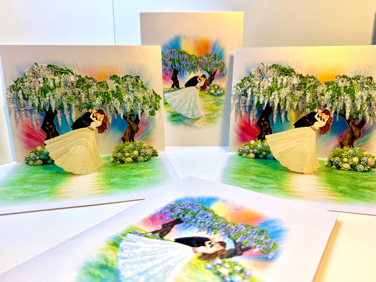 Romantic Blooming Purple Wisteria Wedding Trees with Bride & Groom 3D POP UP GREETING CARD - Created by Origami Pop Cards – 3D Pop Up Greeting Cards, Australian Design & Handmade, 3D Pop Up Magical Paper Cards Celebrate Love Anniversary Heart Fell